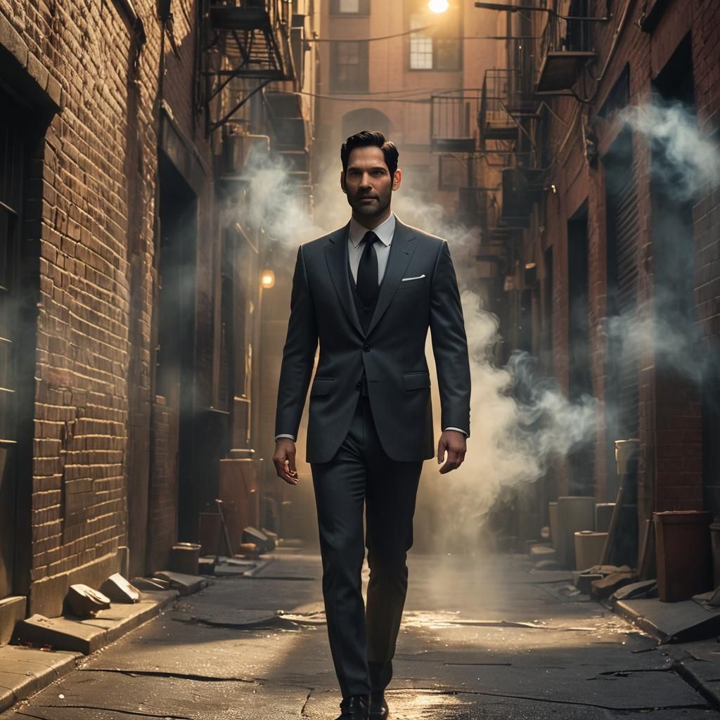 Lucifer Morningstar in Dimly Lit Alleyway: Digital Art