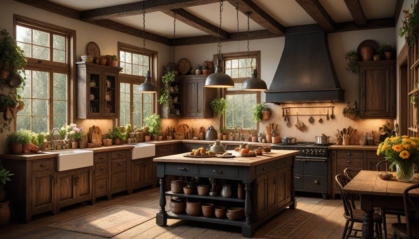 Warm Country Kitchen in Golden Light with Shabby Chic Accent...