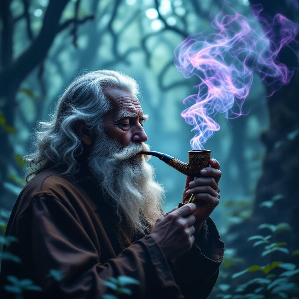 Elderly Man Smoking in Surreal, Desolate Forest
