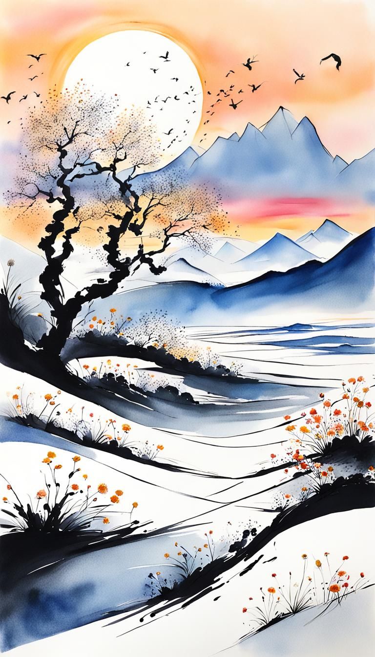 Minimalist Chinese Ink Sunset Landscape