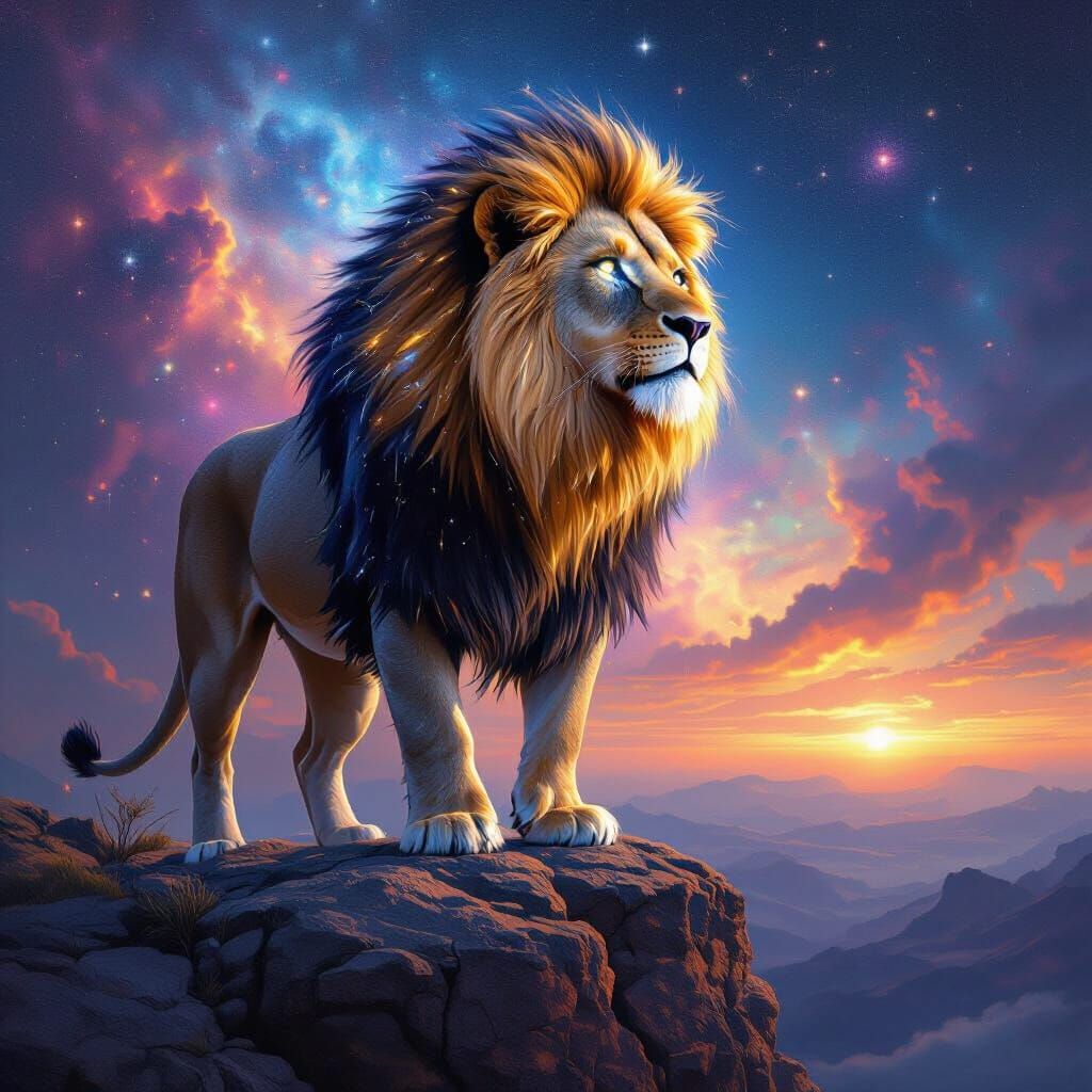 Starlight Lion Overlooking Nebula in Hyperrealistic Style
