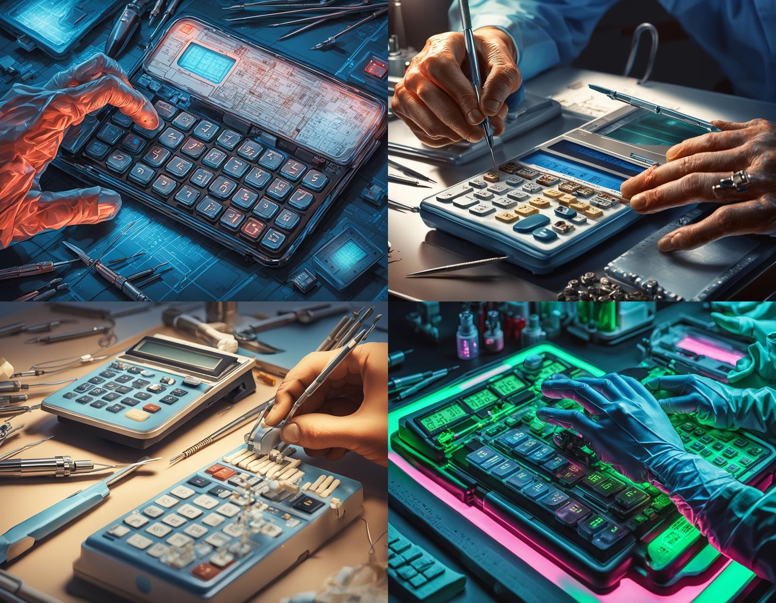 Hand Surgically Repairing a Calculator on Table