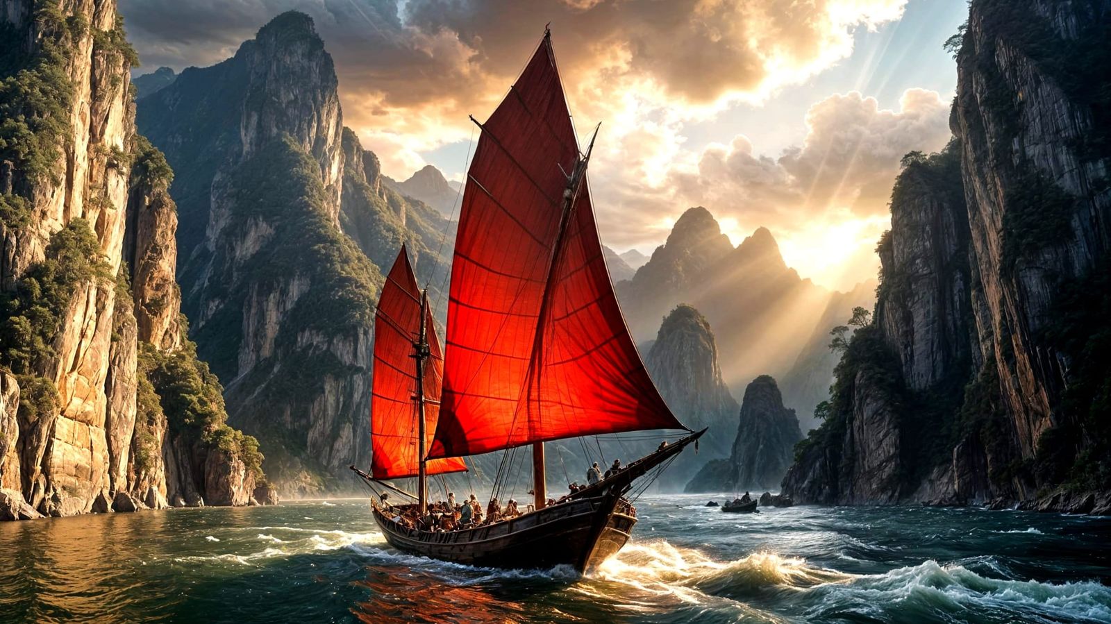 Chinese Sail Junk in Sunset Glow