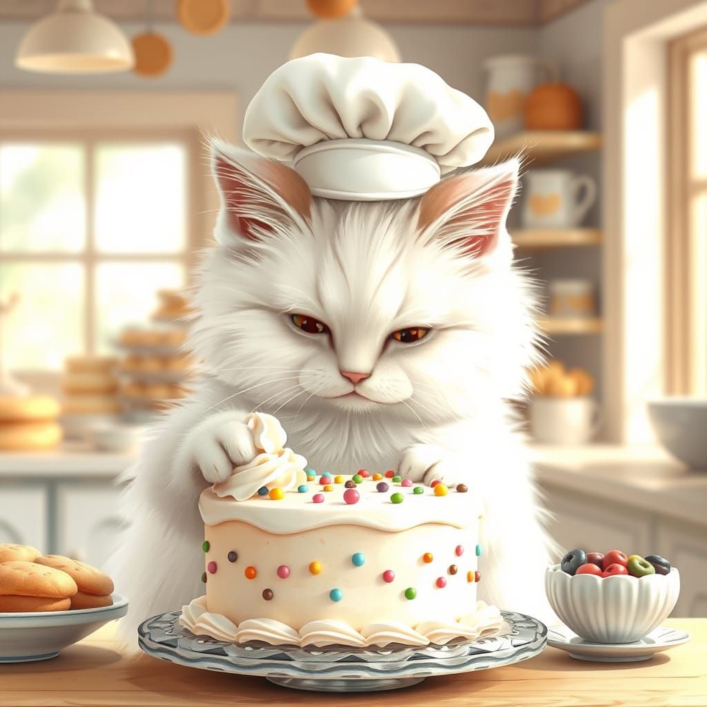 Cat Chef Frosting Cake, Whimsical Illustration