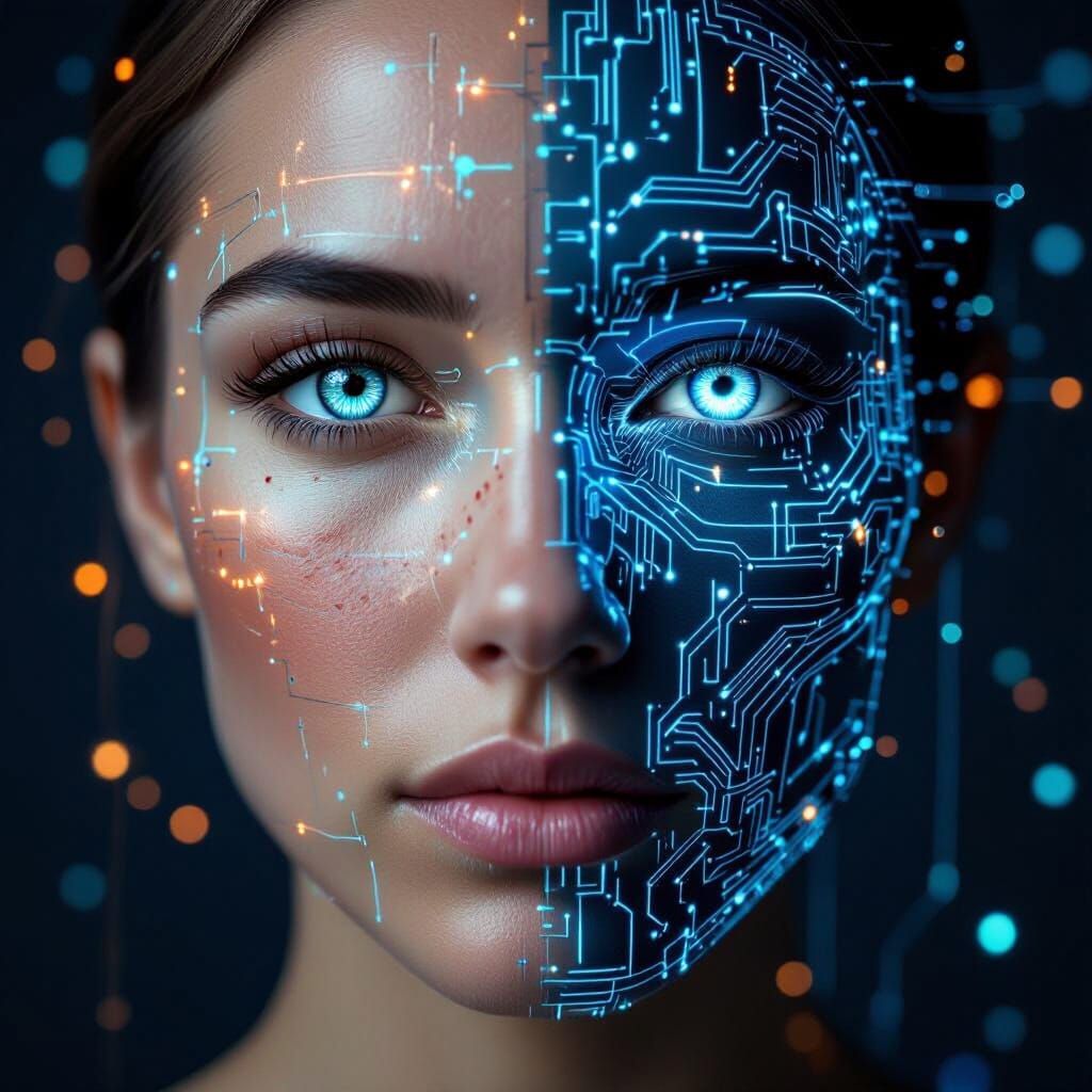 Hyperrealistic AI-Human Fusion Portrait with Glowing Eyes