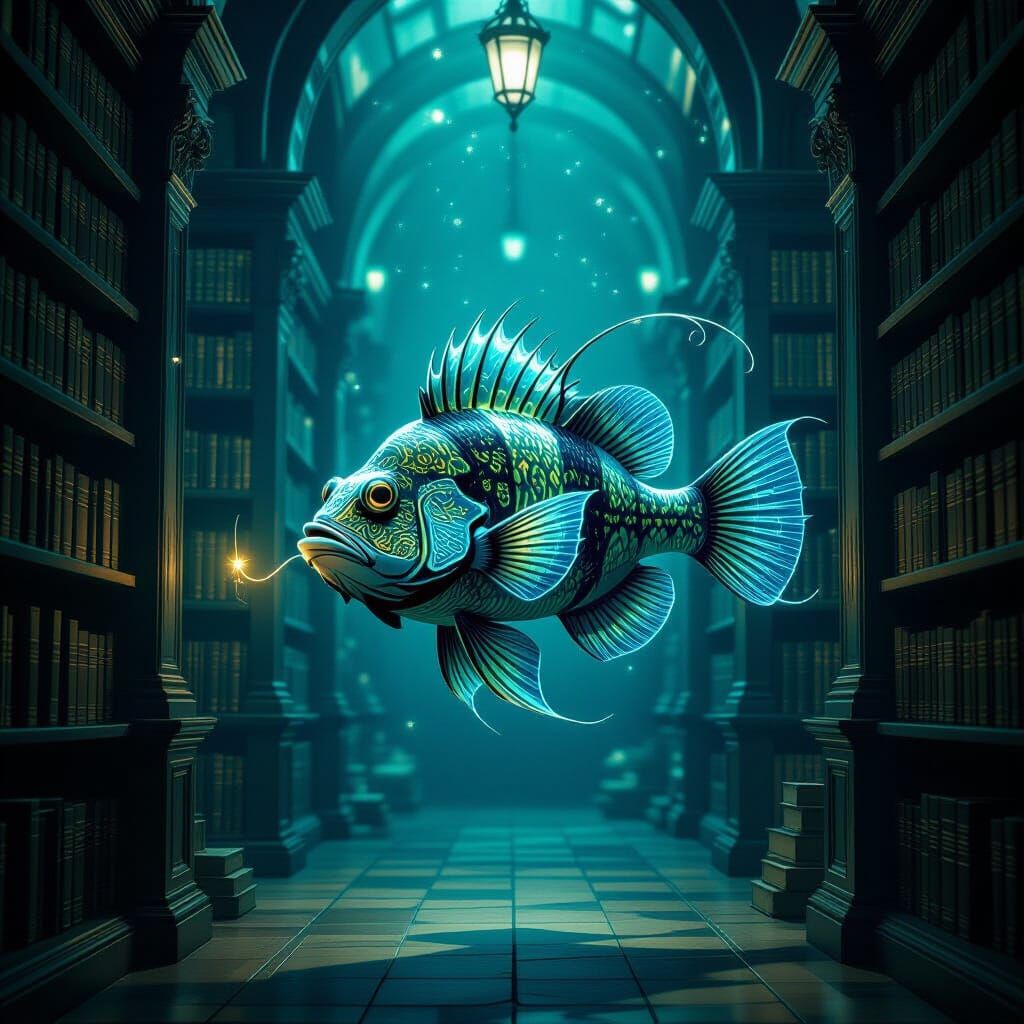 Bioluminescent Anglerfish in a Gothic Library