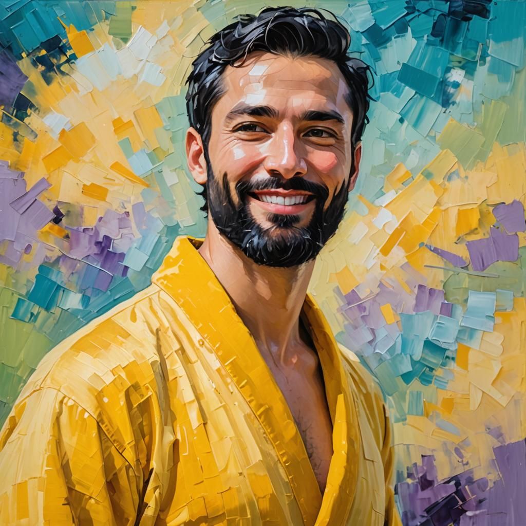 Serene Man in Yellow Bathrobe, Neo-Expressionist Portrait