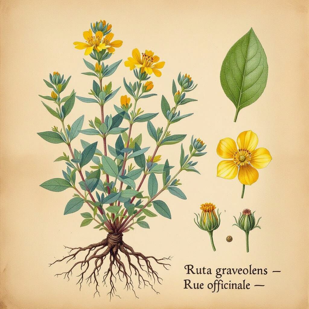 Rue Plant Botanical Illustration in Herbarium Style