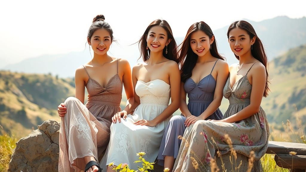 Elegant Asian Women in Serene Mountain Landscape