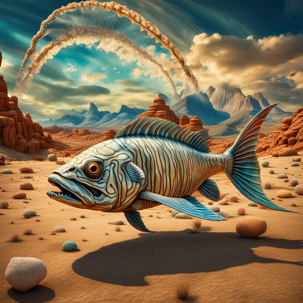 Extinct Fish Skeleton Floats in Vivid Desert