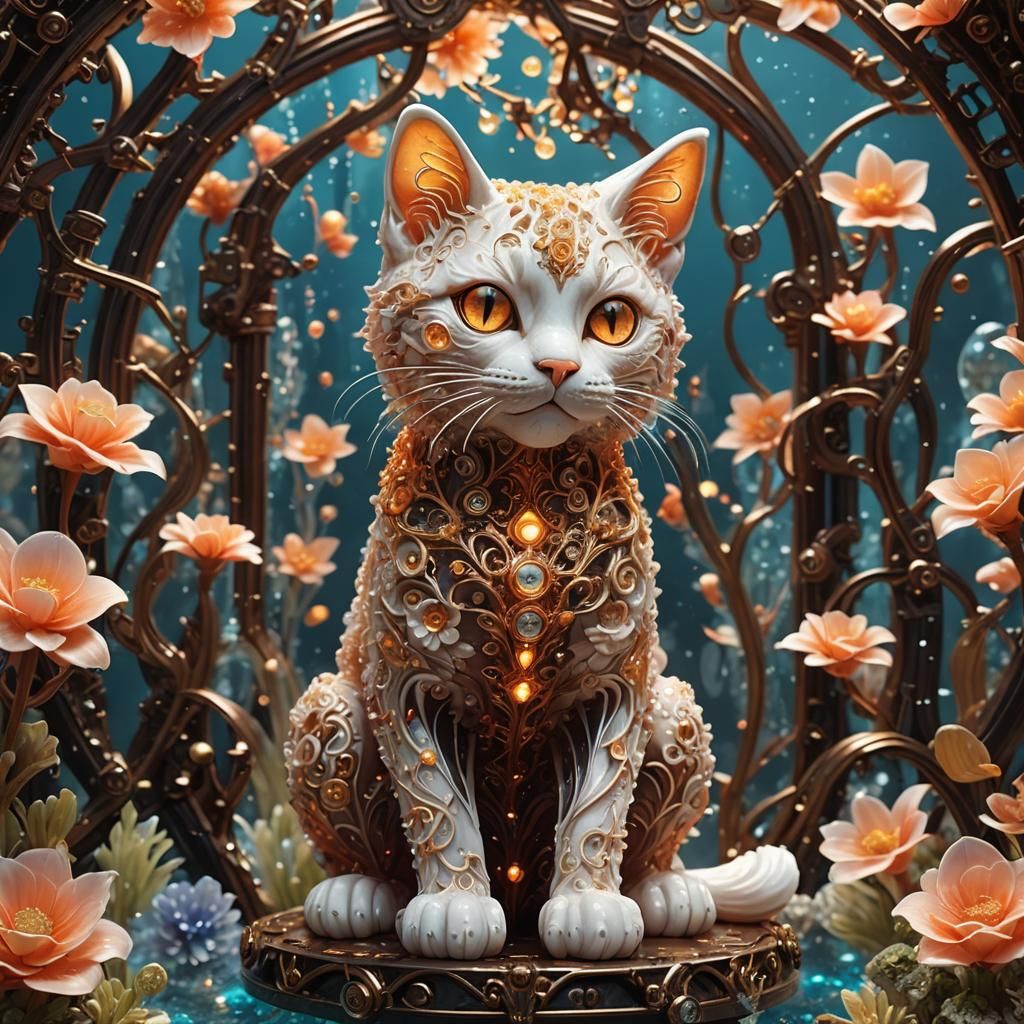 Bioluminescent Crystal Cat Sculpture with Steampunk Details