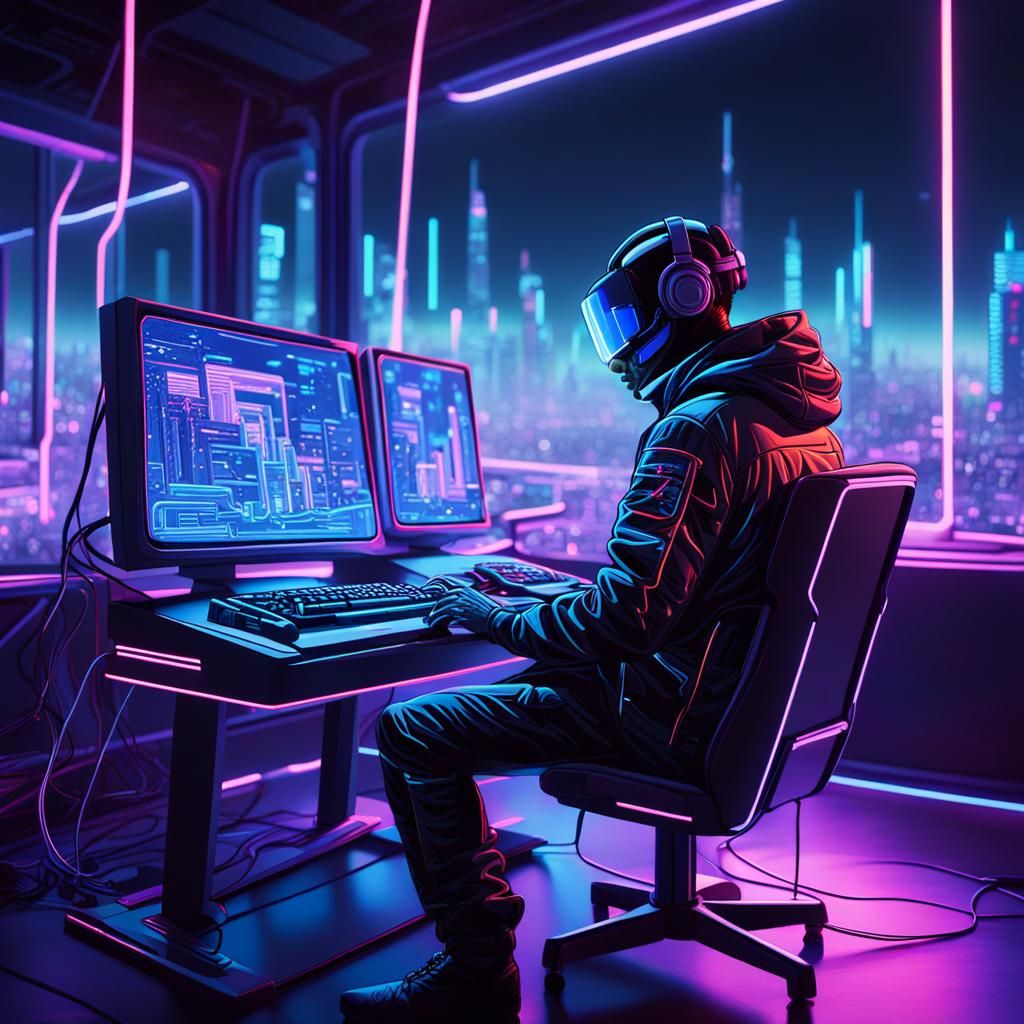 Hacker in Neon Retro Cityscape, Synthwave Style