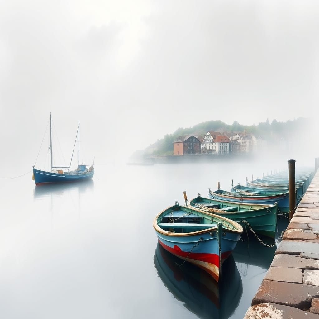 Misty Fishing Harbor in Watercolor Style