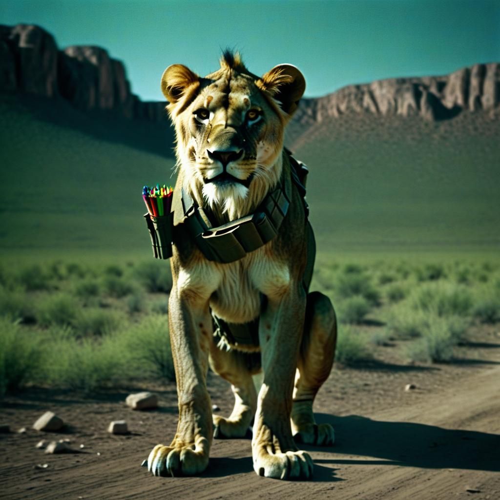 Malnourished Lion with Crayons: Cinematic Film Still