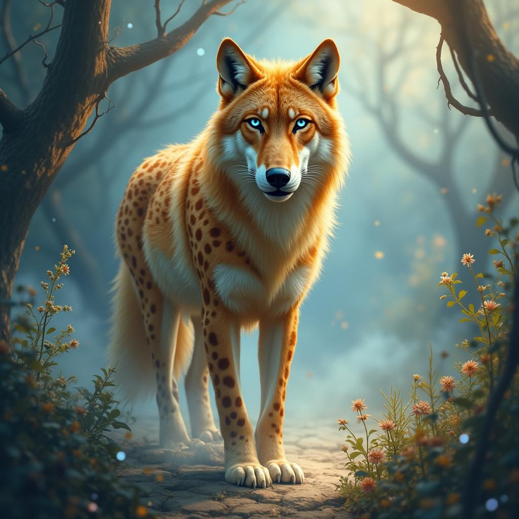 Mystical Leopard-Spotted Wolf in Ethereal Mist