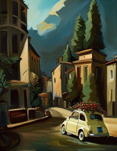 Fiat 500 with Christmas Tree in Cubist Style