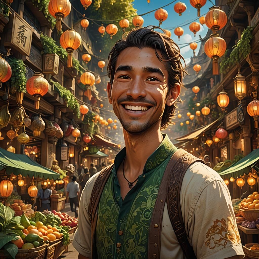 Smiling Consumer in Fantastical Market Concept Art
