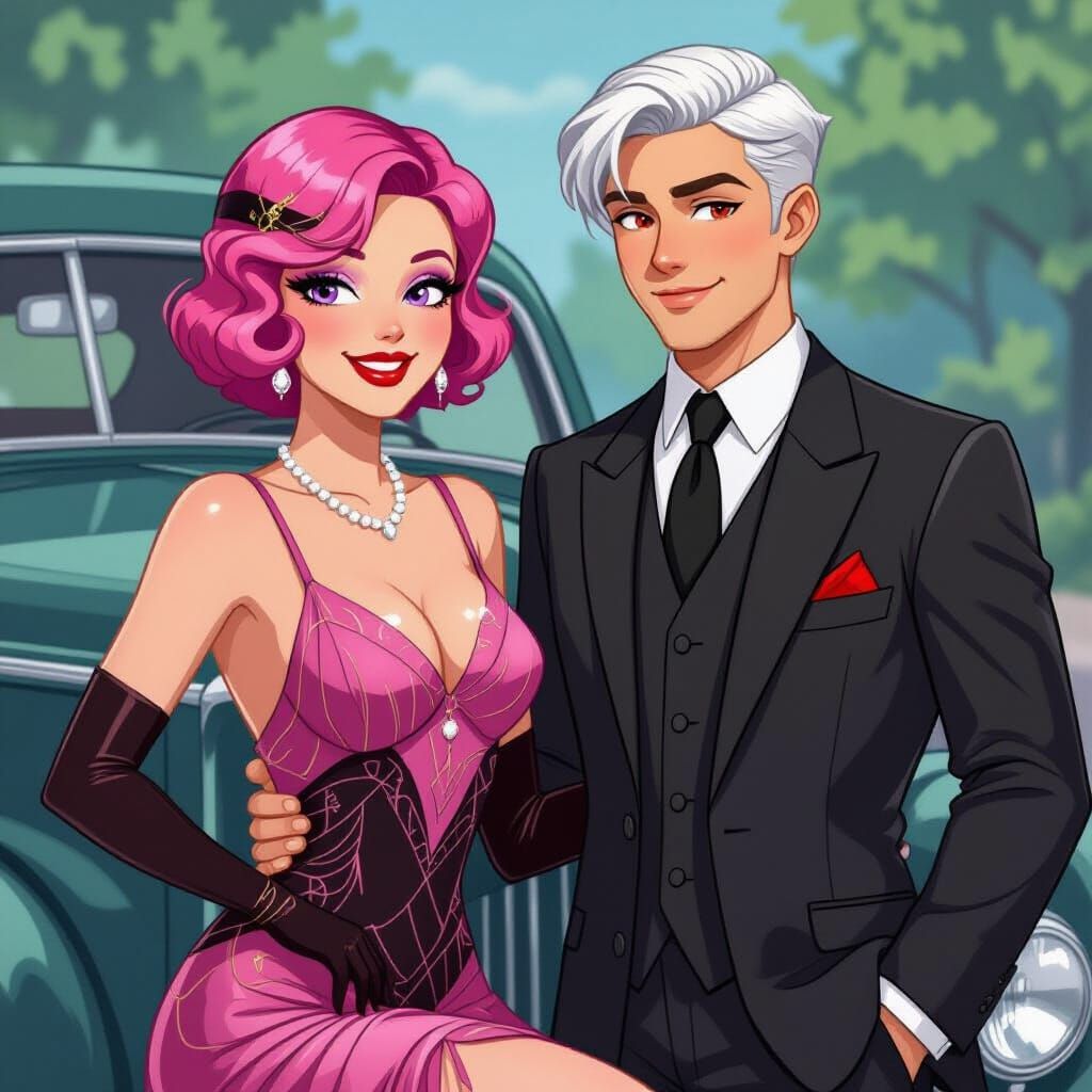 1920s Couple Poses with Vintage Car in Betty Boop Style