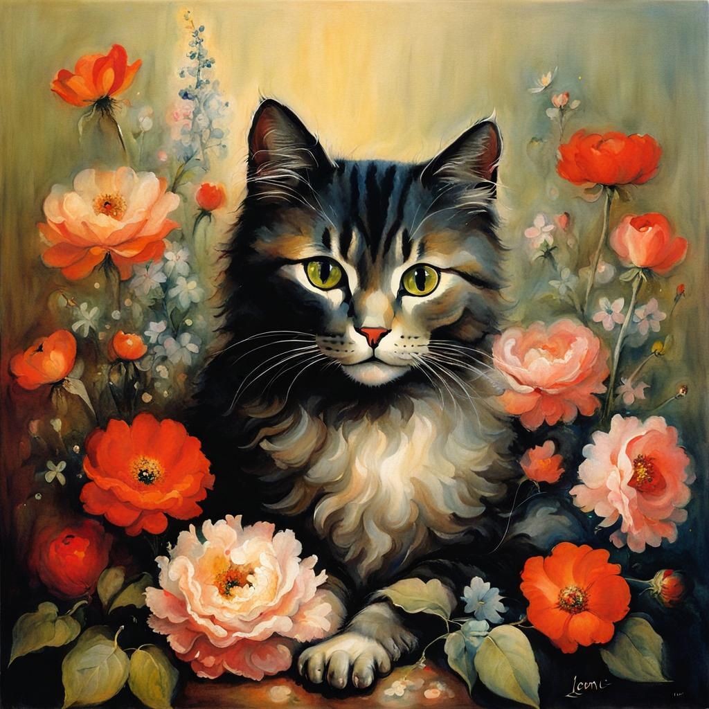 Cat Surrounded by Flowers in Surrealist Style