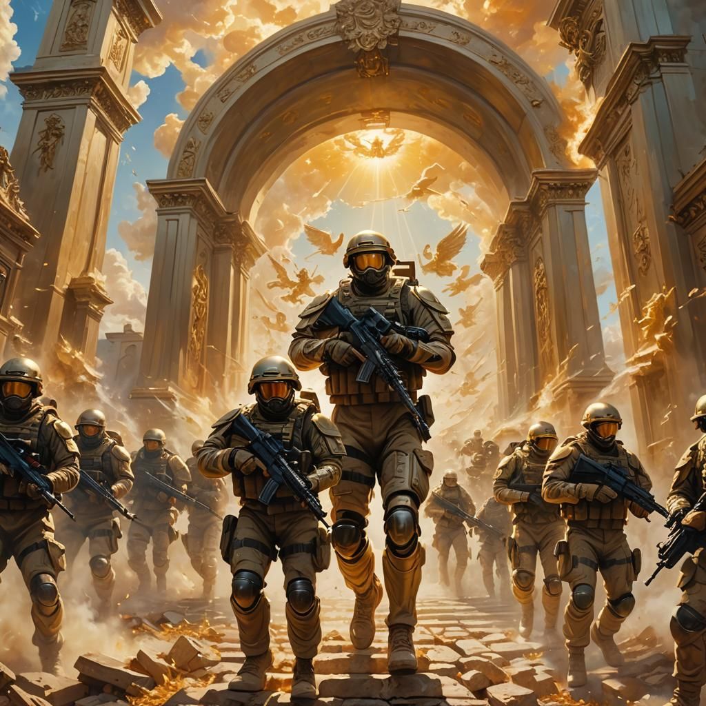 Soldiers Breach Heaven's Gates: Cinematic Oil Painting