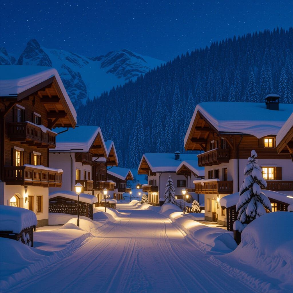 Snowy Alpine Village Aglow with Lanterns at Night