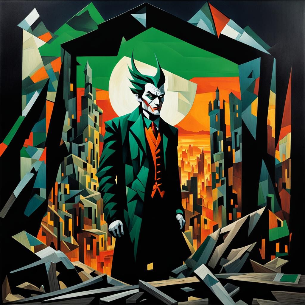 Cubist Phoenix Joker in Shattered Cityscape