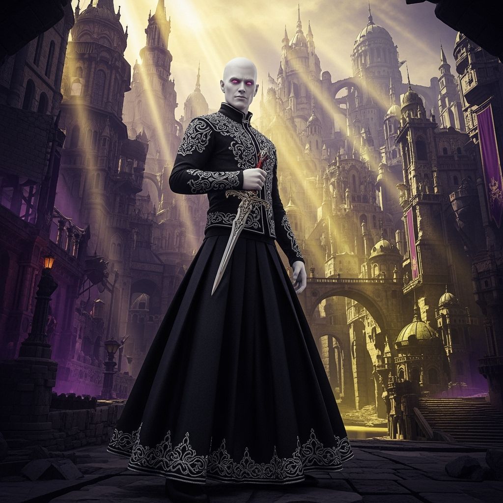 Albino Figure with Pink Eyes in Dark Fantasy City Maze