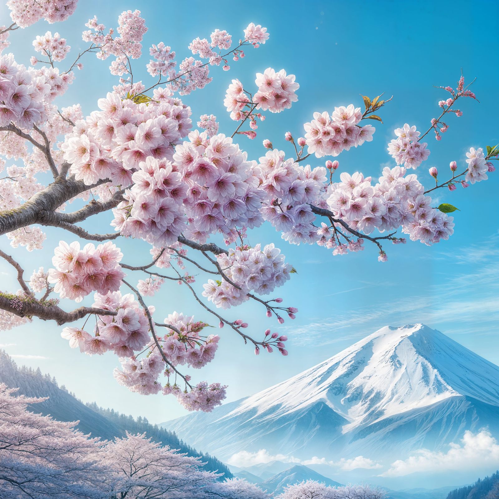 Cherry Blossom Tree with Mount Fuji in Background