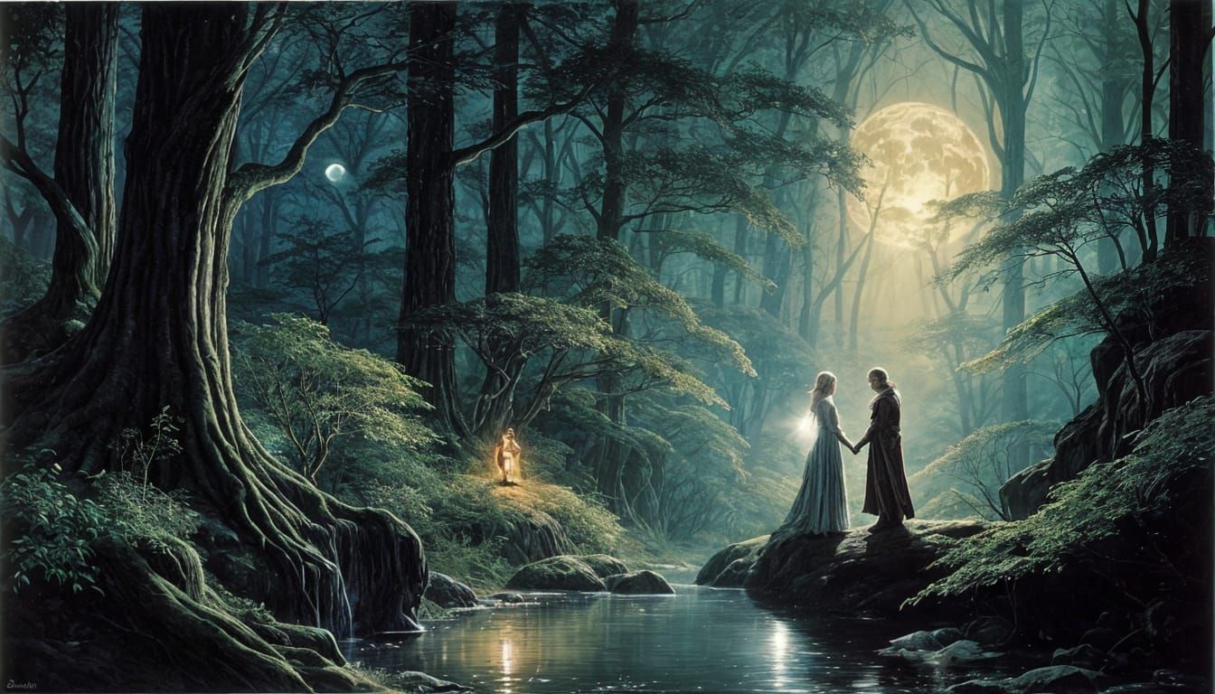 Elven Couple in Enchanted Forest Illustration