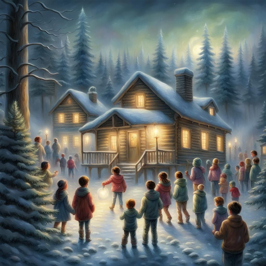 Children in Winter Forest with Christmas Trees
