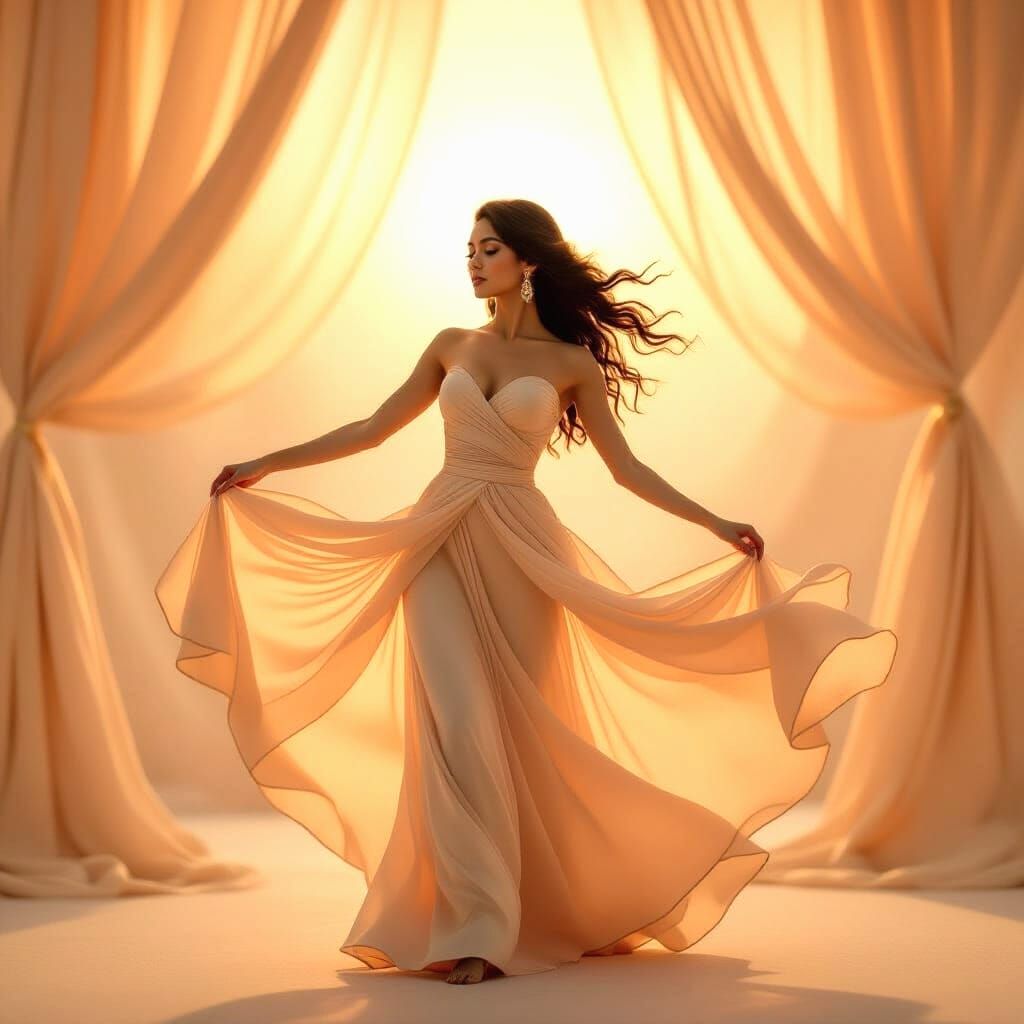 A graceful figure dances in a swirl of soft, flowing fabrics...