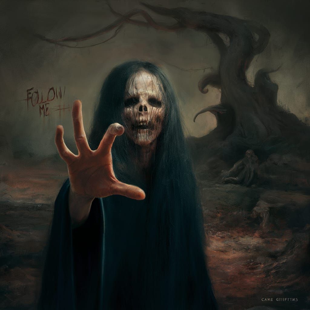 Haunting Surrealist Figure Beckons in Dark Landscape