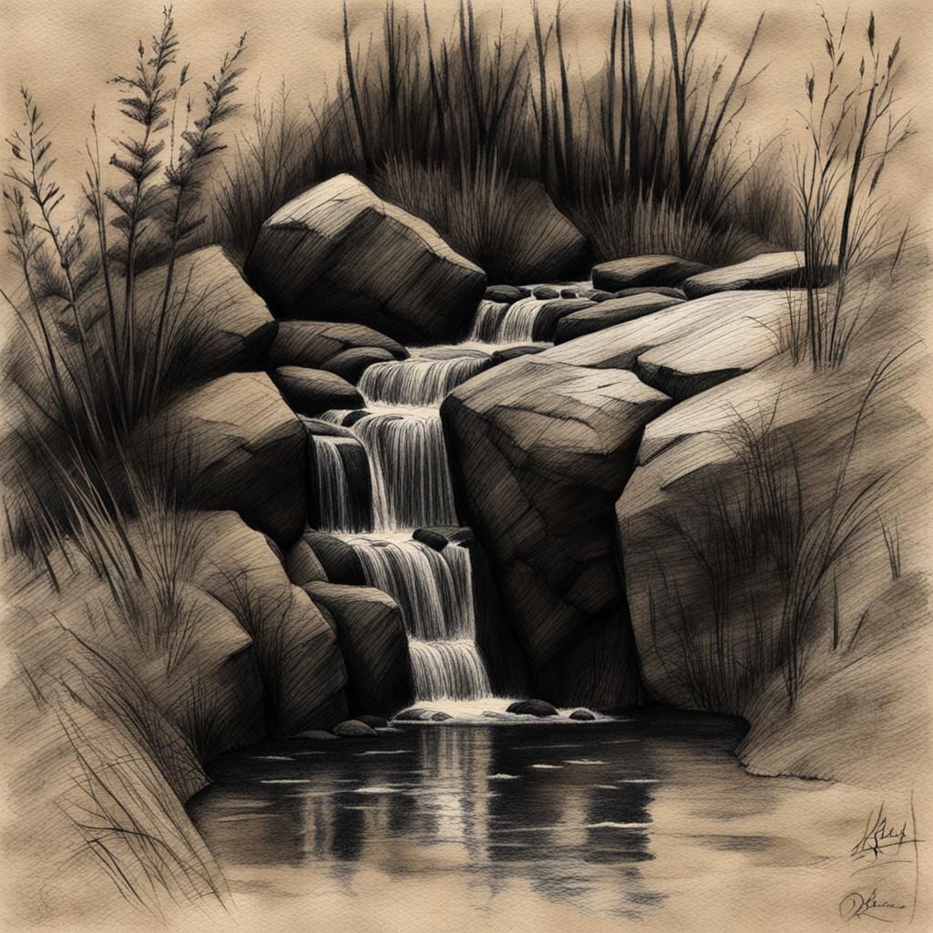Pencil Sketch of a Small Stream