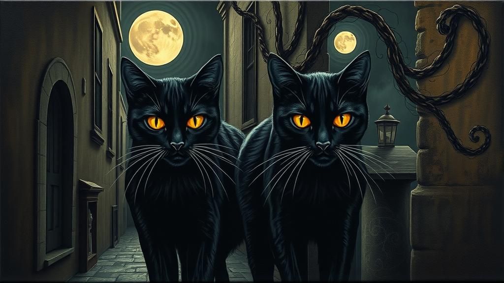 Menacing Black Cats in Surreal Moonlit Alley