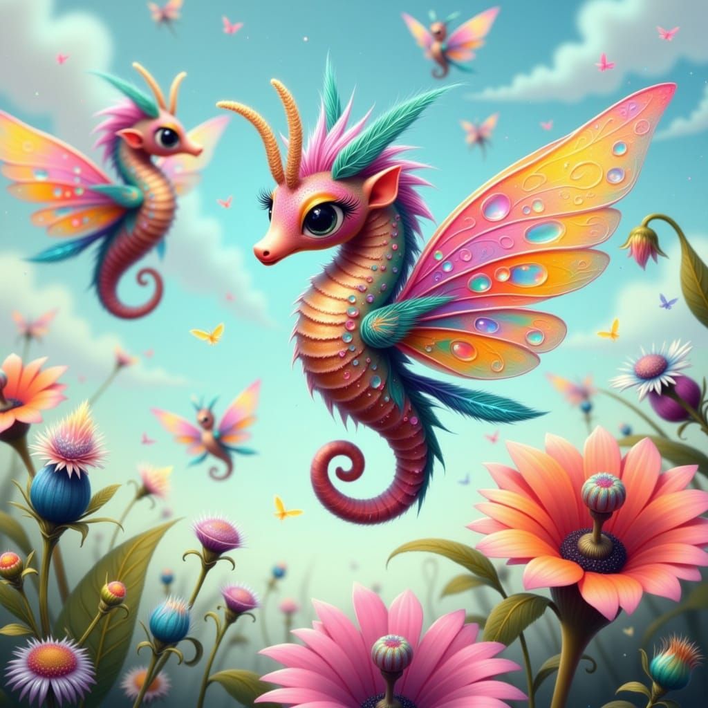Enchanted Seahorse Whimsy in Vibrant Floral Wonderland