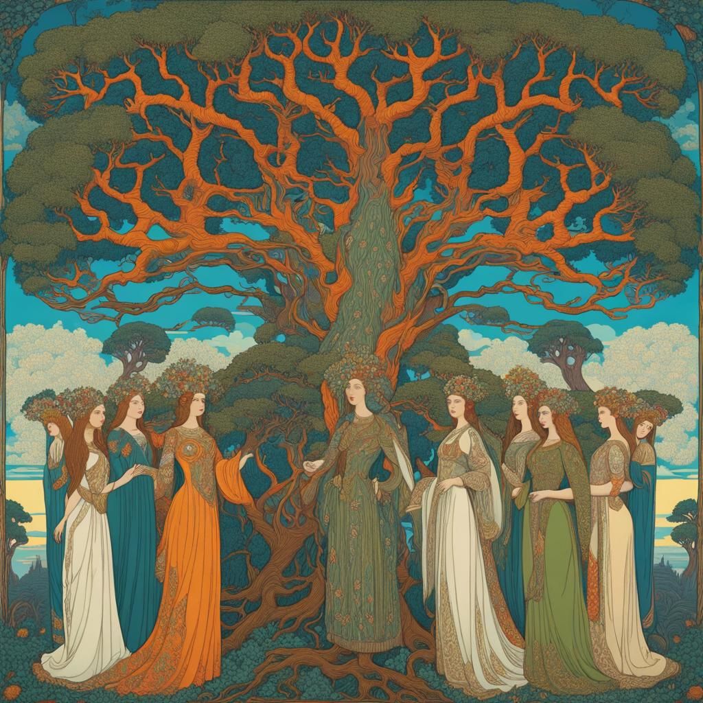 Surreal Tree of Fused Maidens in Dark Fantasy Style