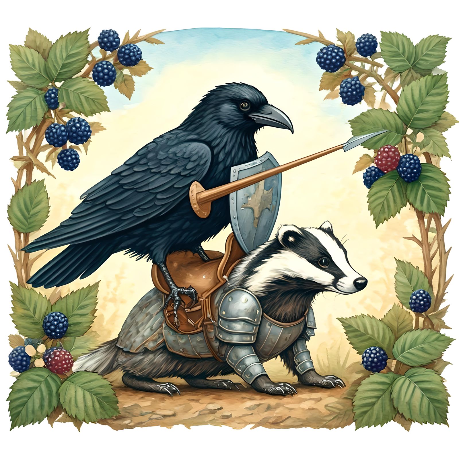 Crow Knight Rides Armored Badger: Watercolor Art