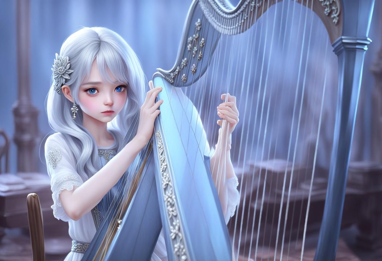 Silver-Haired Harpist: A Hyperrealistic Cinematic Portrait