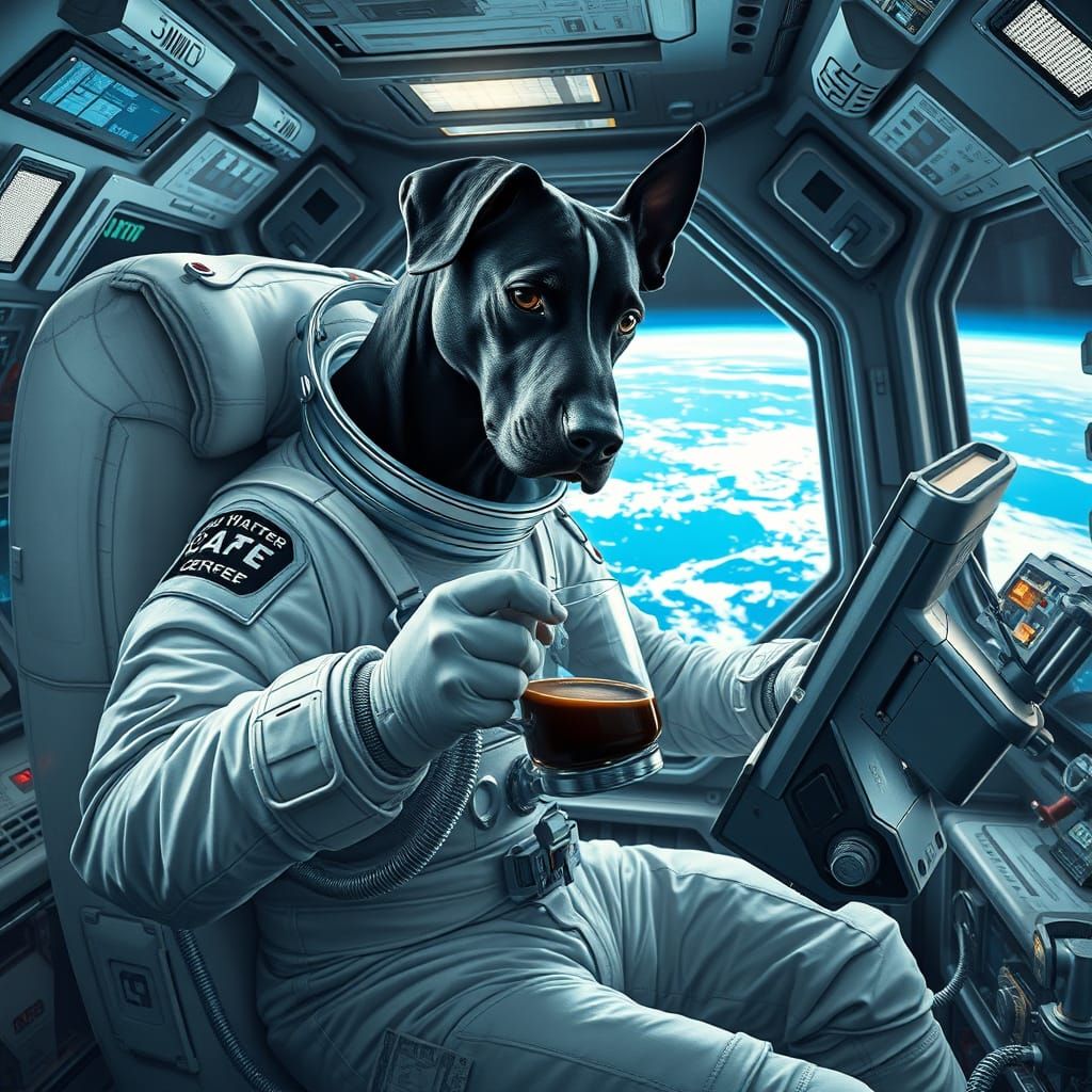 Great Dane Astronaut Brews Coffee in Space Station