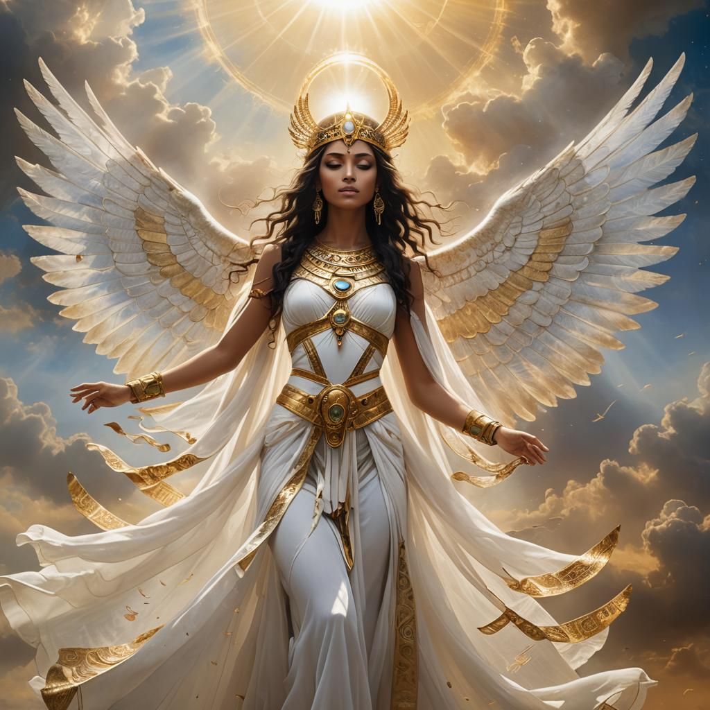 Egyptian Goddess Emerges from Celestial Clouds