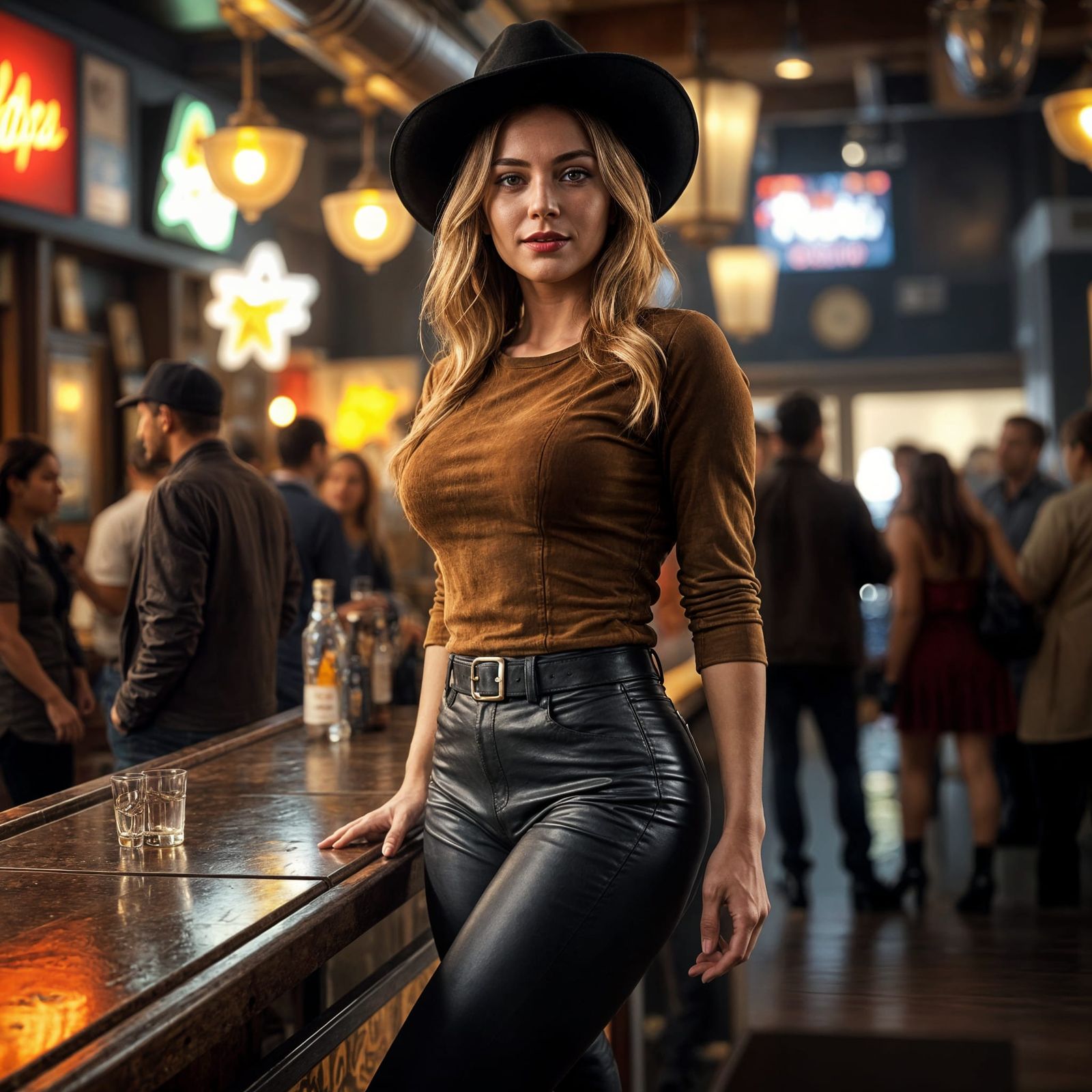 Mid 20s Woman in Black Cowboy Hat and Boots at a Crowded Bar