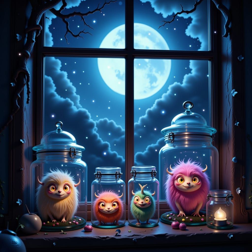 Pastel Fur Monsters in Glass Jars Under Starry Night Sky