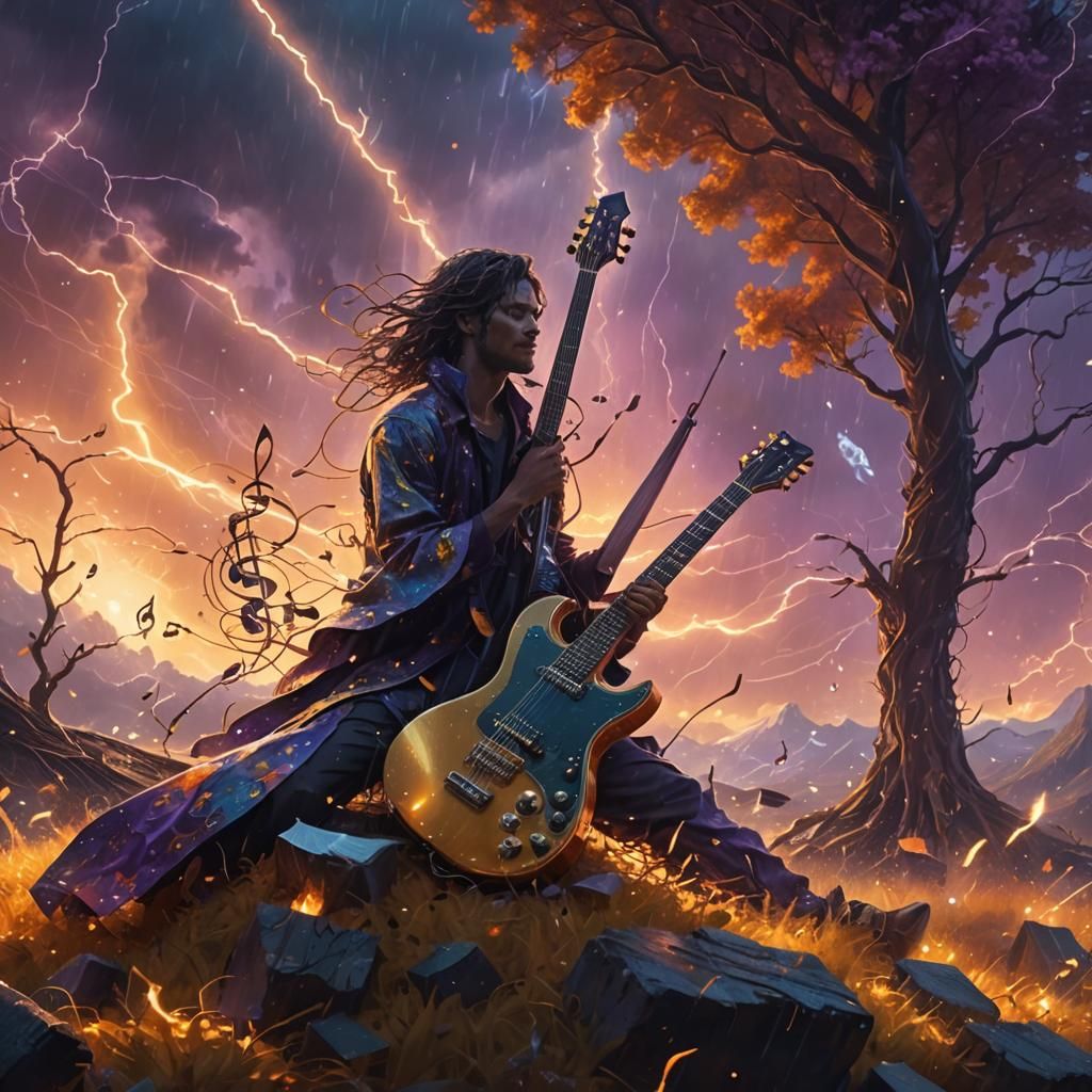Magical Guitarist in Electric Dreamscape Fantasy