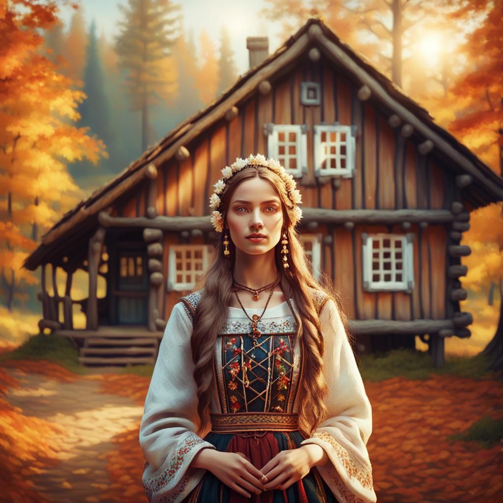 Enchanted Slavic Beauty in Autumn Forest, Digital Painting