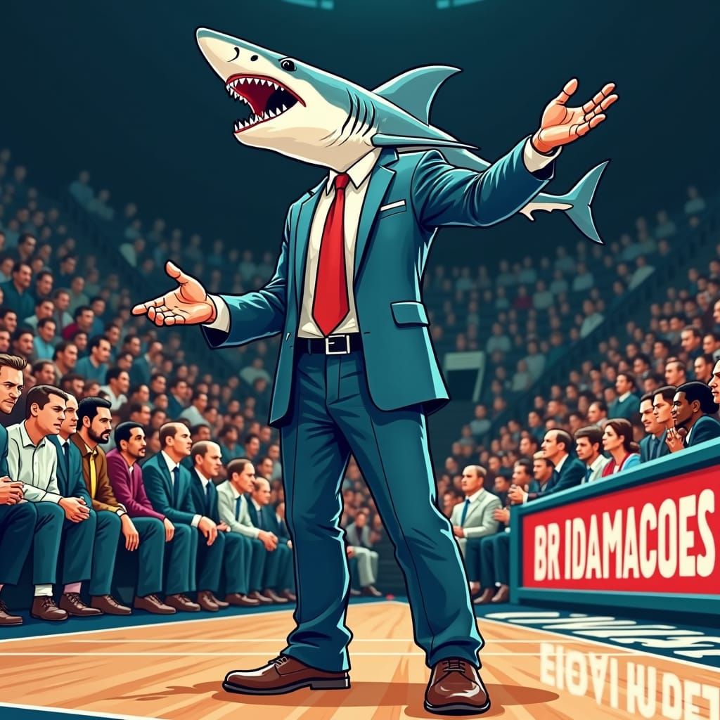 Hammerhead Shark NBA Coach in Comic Book Style