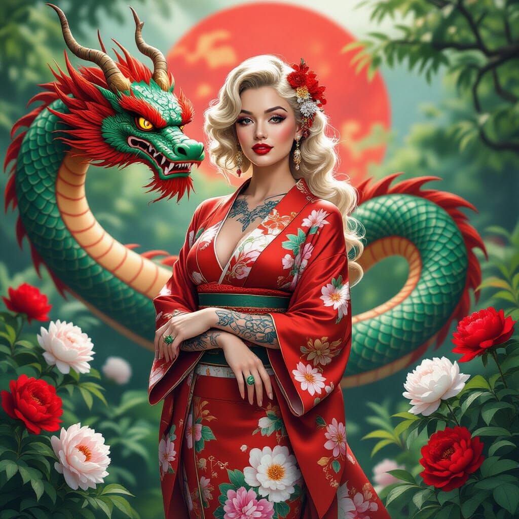 Marilyn Monroe with Dragon in East Asian Style