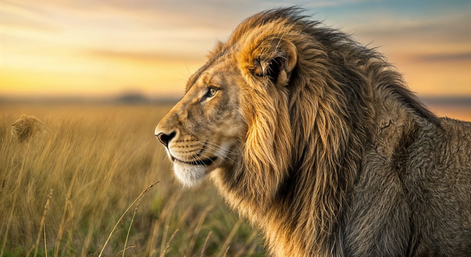 Majestic Lion in Sunset Savanna Landscape