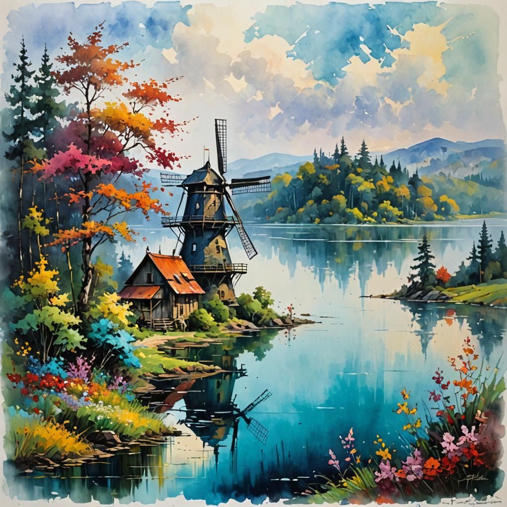 Windmill on Flower Island: Impasto Oil Painting