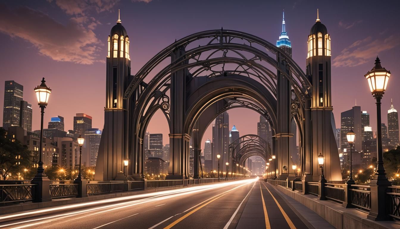 Art Deco Bridge at Night: Roaring City Skyline