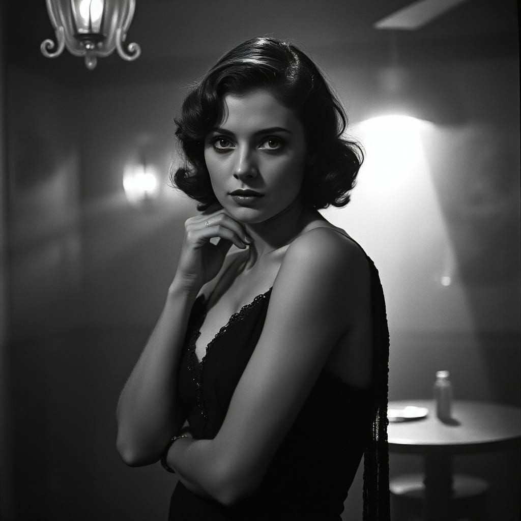 Captivating Vampire in 1920s Film Noir Style